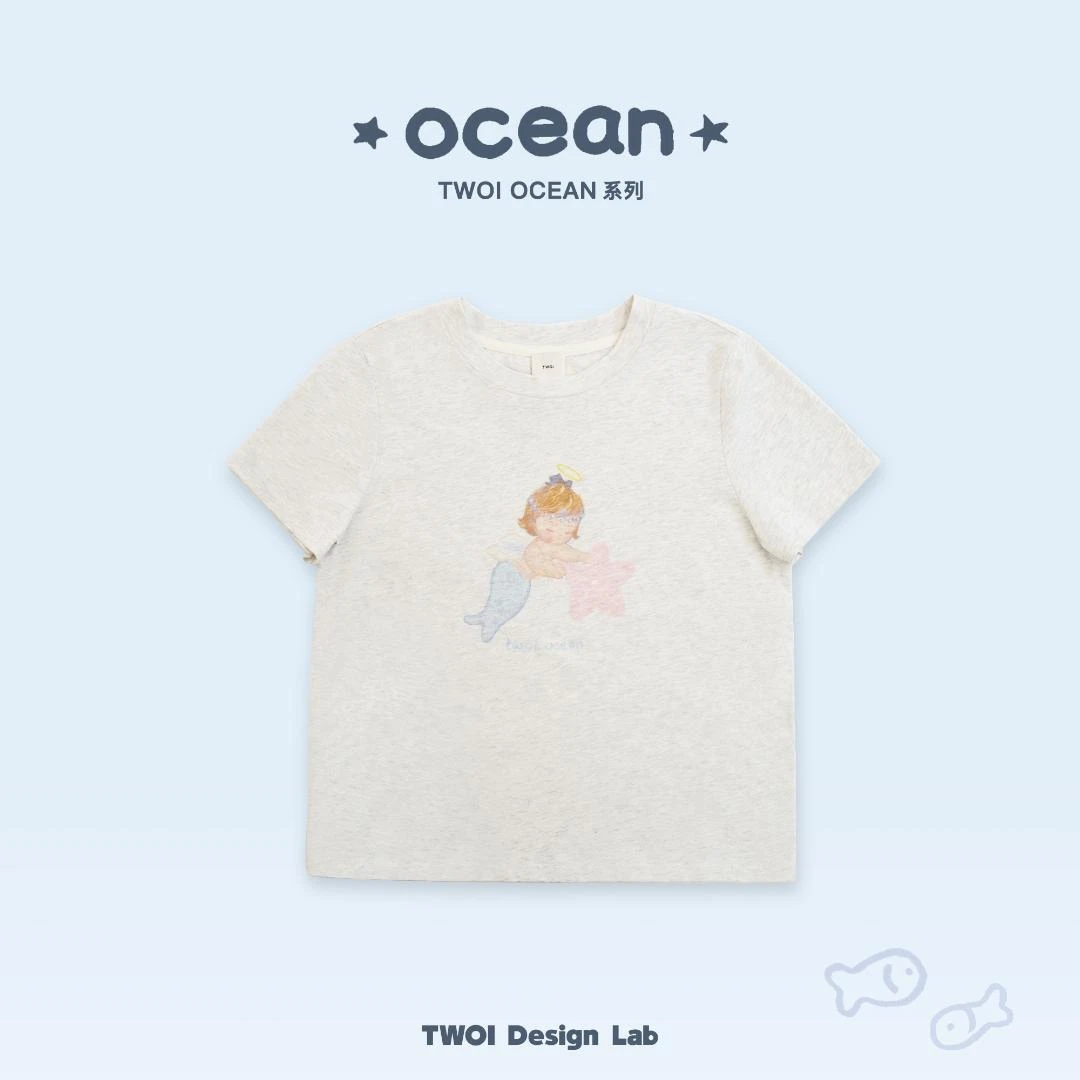 TWOI Design Lab"ocean系列"「奶油花灰小美人鱼海星圆领T恤」