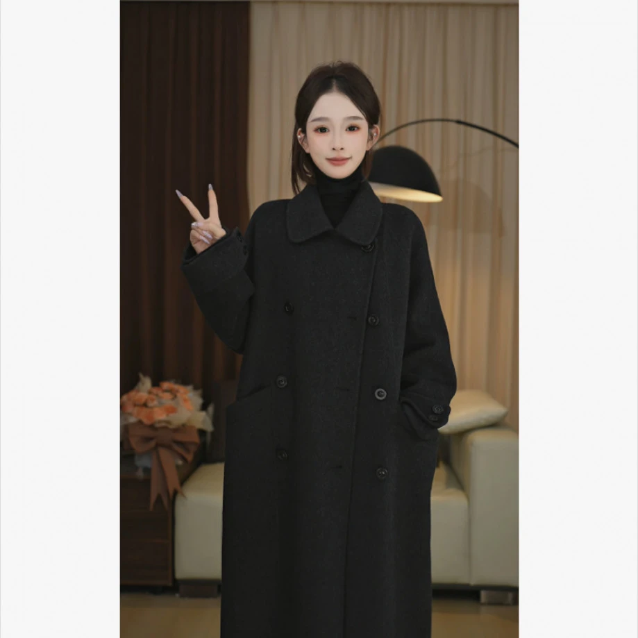 宽松大版娃娃领双排扣挽袖长款小个子韩版羊毛大衣 5518