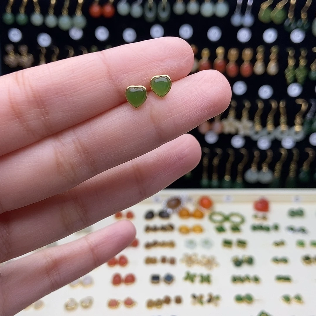 和田玉（白玉）银S925镀金镶嵌耳饰