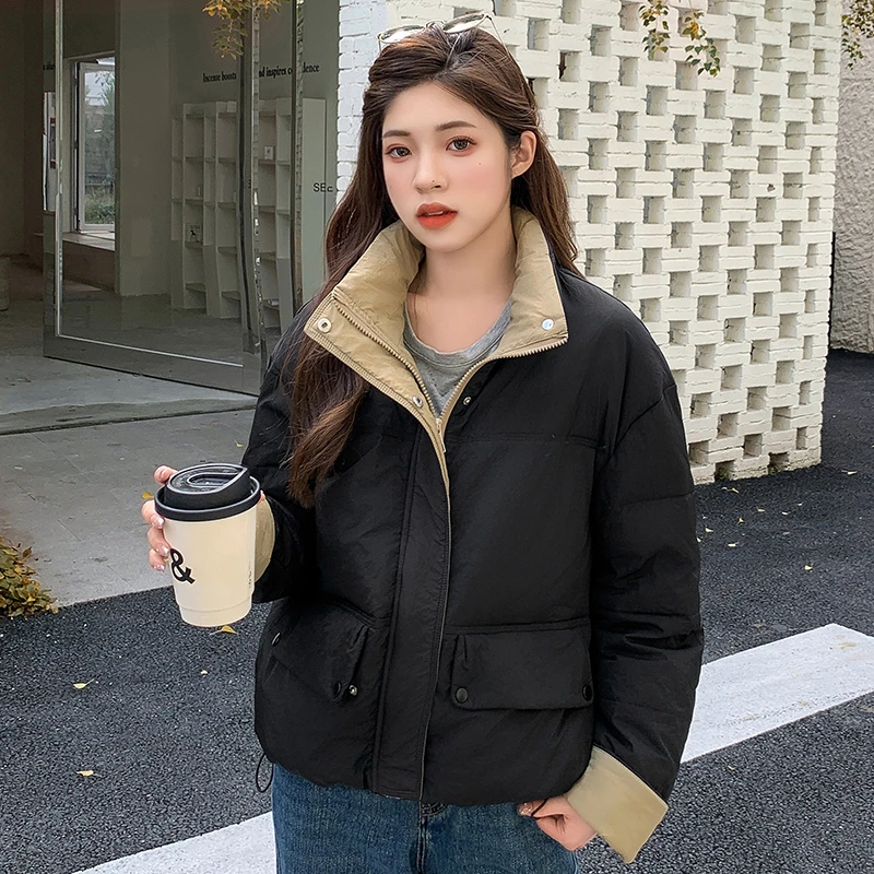 拼色纯色保暖外套立领韩版冬季休闲棉服潮流棉衣宽松型女秋冬