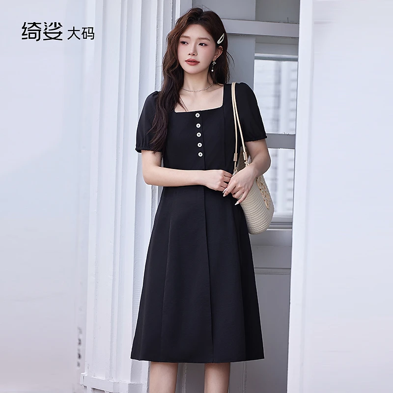 大码胖MM连衣裙遮肚子收腰A字裙