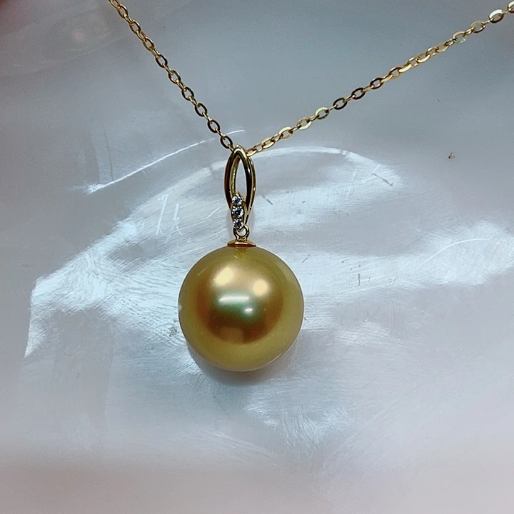 海水珍珠吊坠(不含链)18K金镶嵌南洋金珠吊坠13-14mm