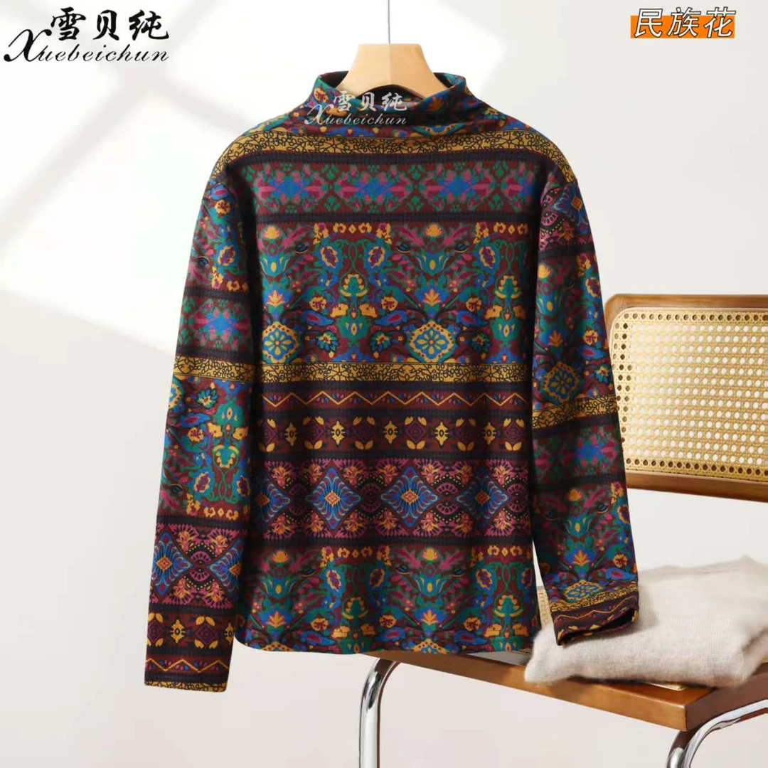 新款秋冬德绒女士双面绒亲肤暖暖衣加厚打底显瘦保暖小衫-民族花