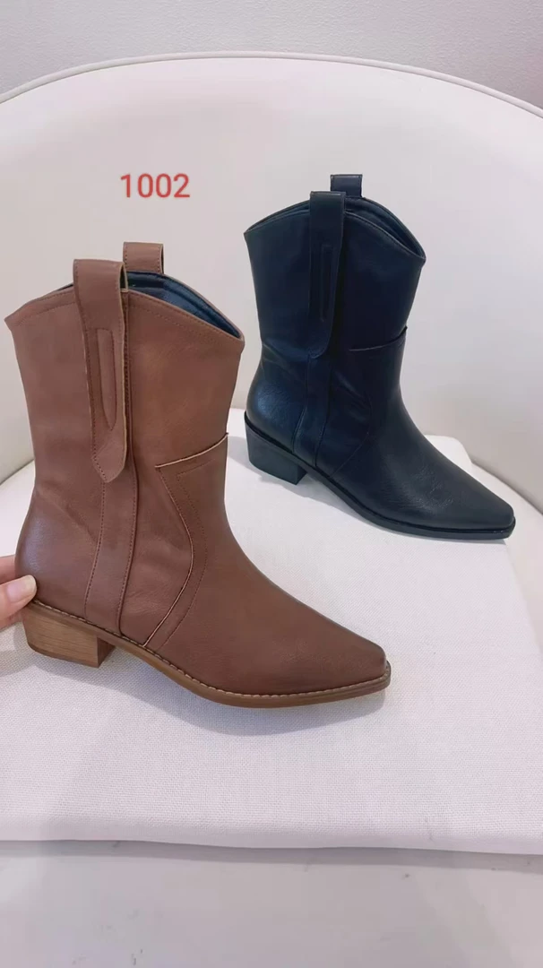 加绒时装靴短靴秋春靴子套筒透气粗跟真皮英伦尖头女靴尖头短靴