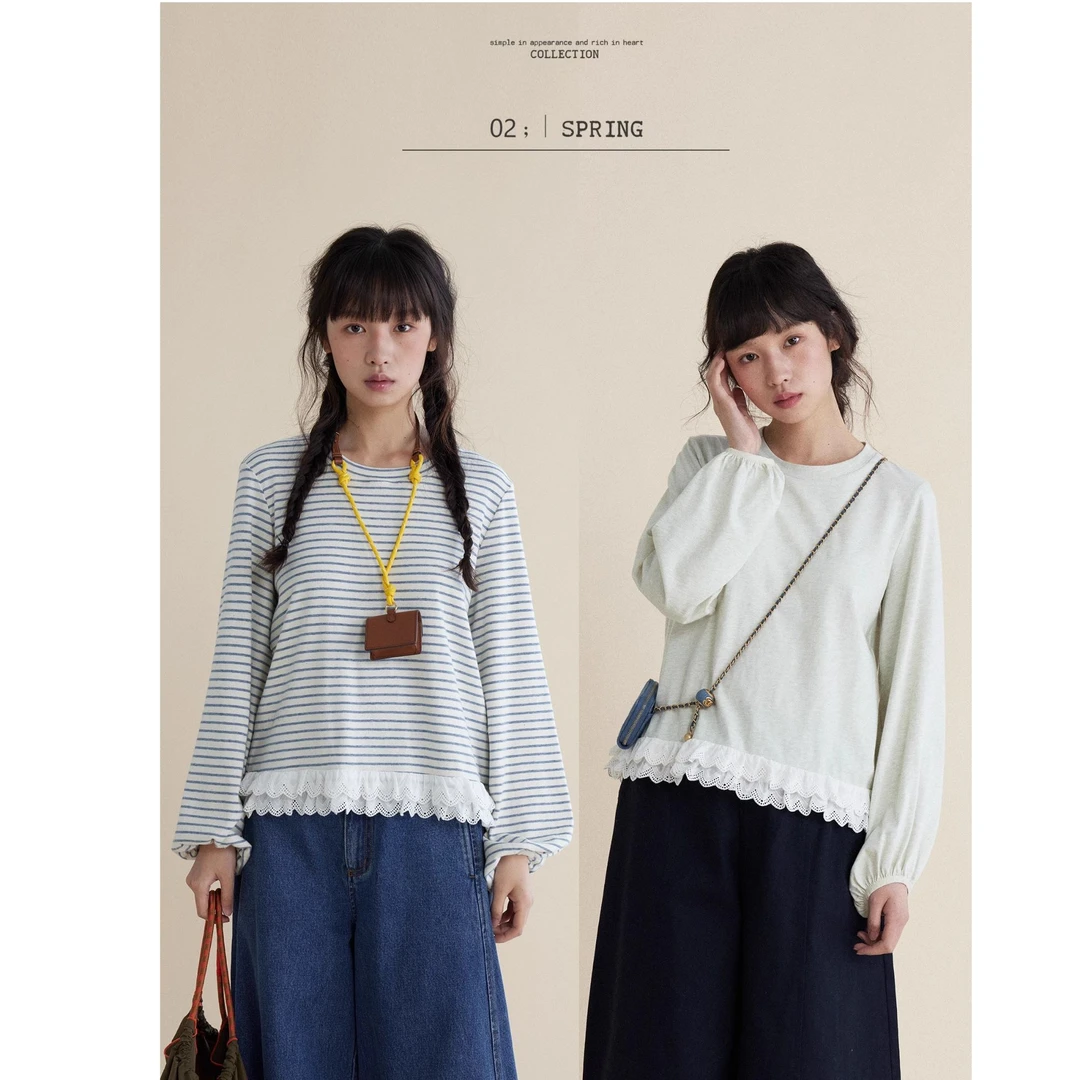 「白描工作间」"费尼兹花园"花边拼接灯笼长袖条纹t恤女内搭上衣