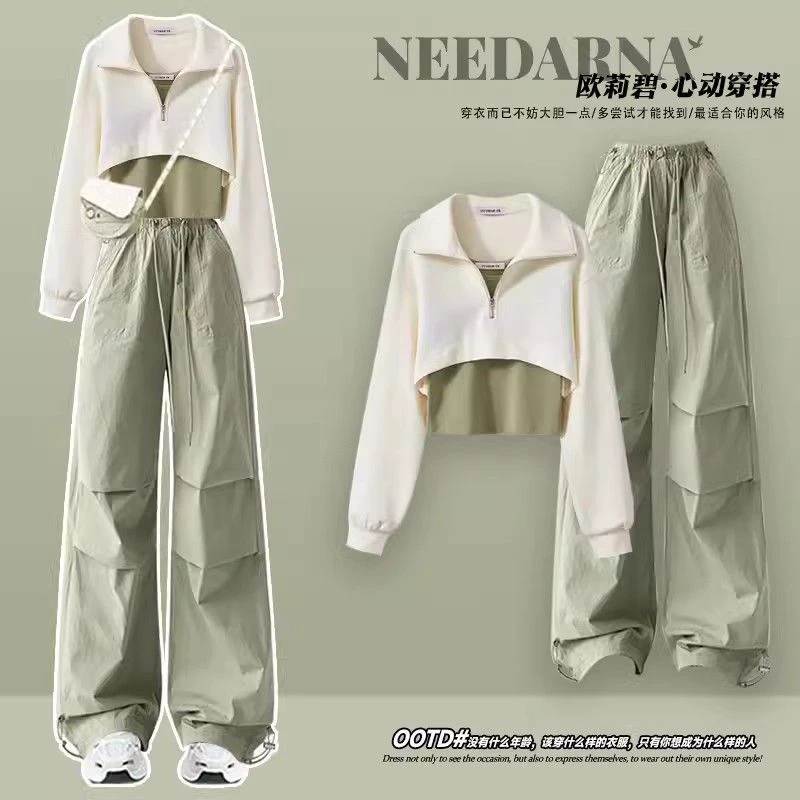 夏季甜酷套装女学生韩系设计感叠穿卫衣+高腰帅气工装裤三件套潮