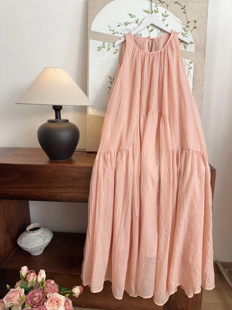 可衣-【木芙蓉】气质夏新款多色挂脖式度假风无袖背心裙A字长裙圆领