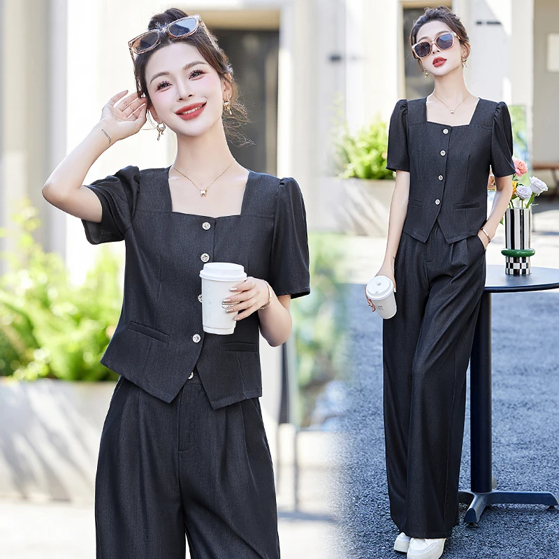 天丝牛仔休闲套装女2025夏新款气质方领短袖上衣高腰阔腿裤两件套