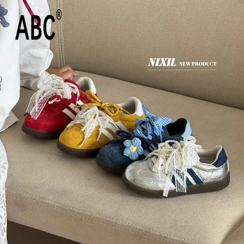 ABC女童德训鞋透气2025秋季新款女孩休闲鞋复古蕾丝珍珠儿童板鞋