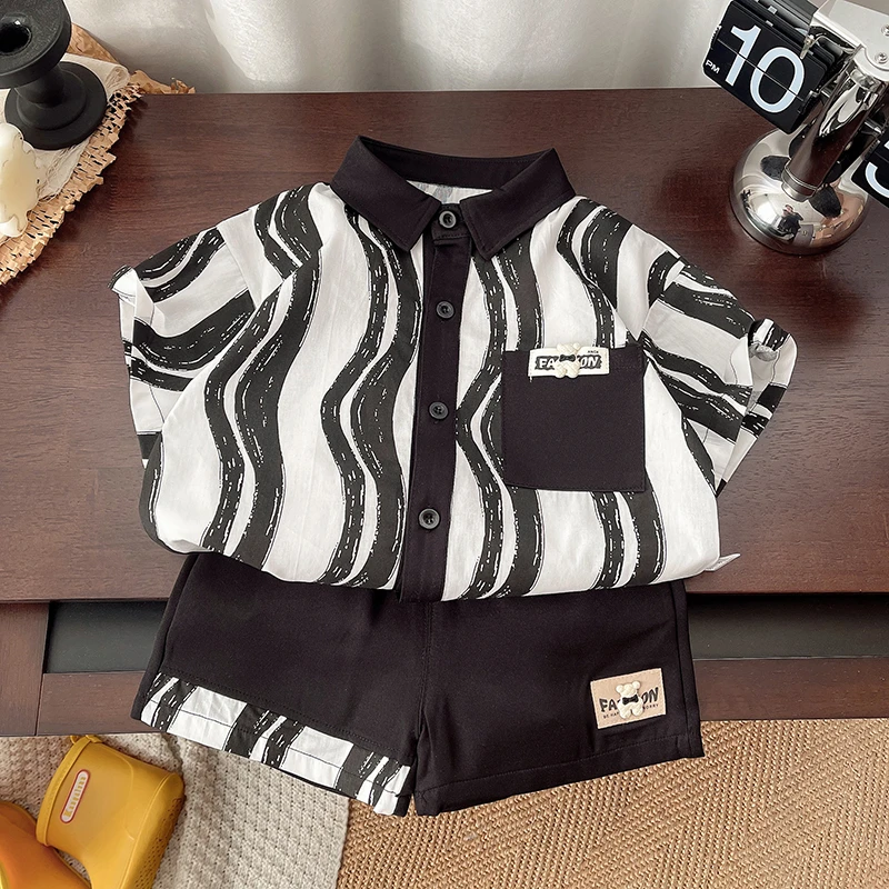 男童装夏季套装儿童衬衫新款痞帅男小童夏装短袖薄款儿童衣服拍照
