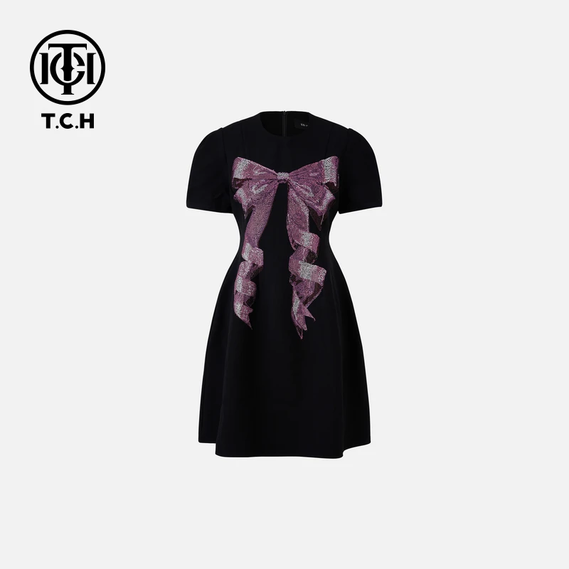 TCH轻奢烫钻工艺高定蝴蝶结气质黑色连衣裙裙子女T75A30E1001tch