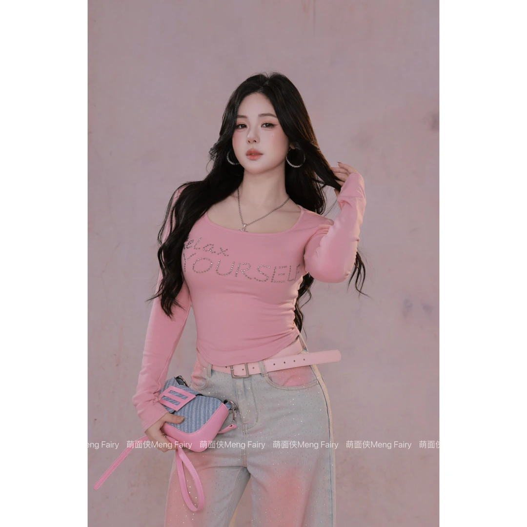 现货萌面侠【粉樱甜酒】纯欲甜酷时尚烫钻上衣牛仔裤套装5616M5214M