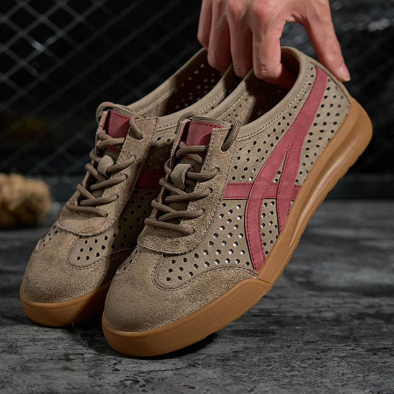 镂空头层牛皮新款夏季软面真皮防滑耐磨复古时尚低帮百搭休闲男鞋