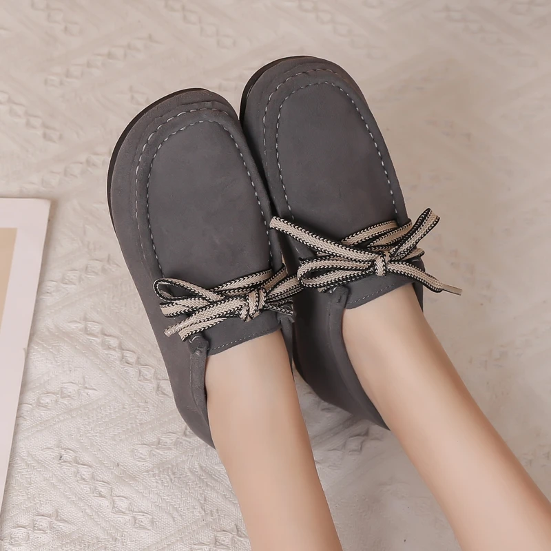 复古磨砂皮勃肯鞋女秋季一脚蹬豆豆鞋平底系带百搭休闲女士单鞋