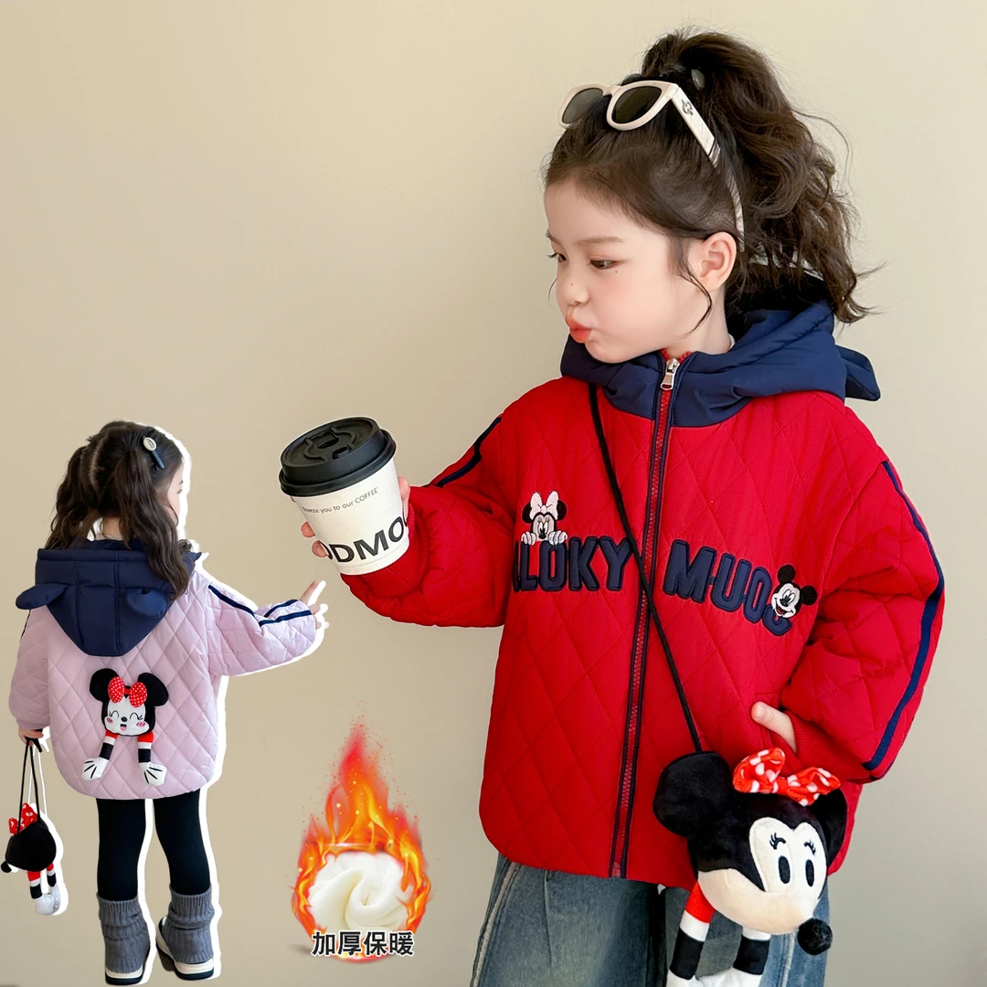 女童秋冬卡通连帽外套2025新款女宝棉服儿童加绒加厚保暖时髦外套