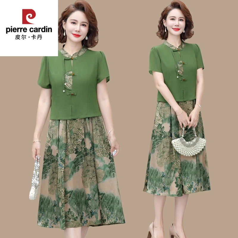 皮尔卡丹皮尔卡丹新中式妈妈连衣裙夏装新款国风气质裙中老年女夏