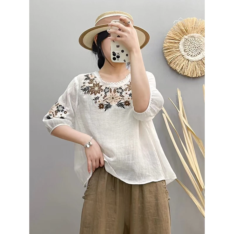 25年新款苎麻重工刺绣衬衫圆领显瘦七分袖套头麻料上衣FX 9990