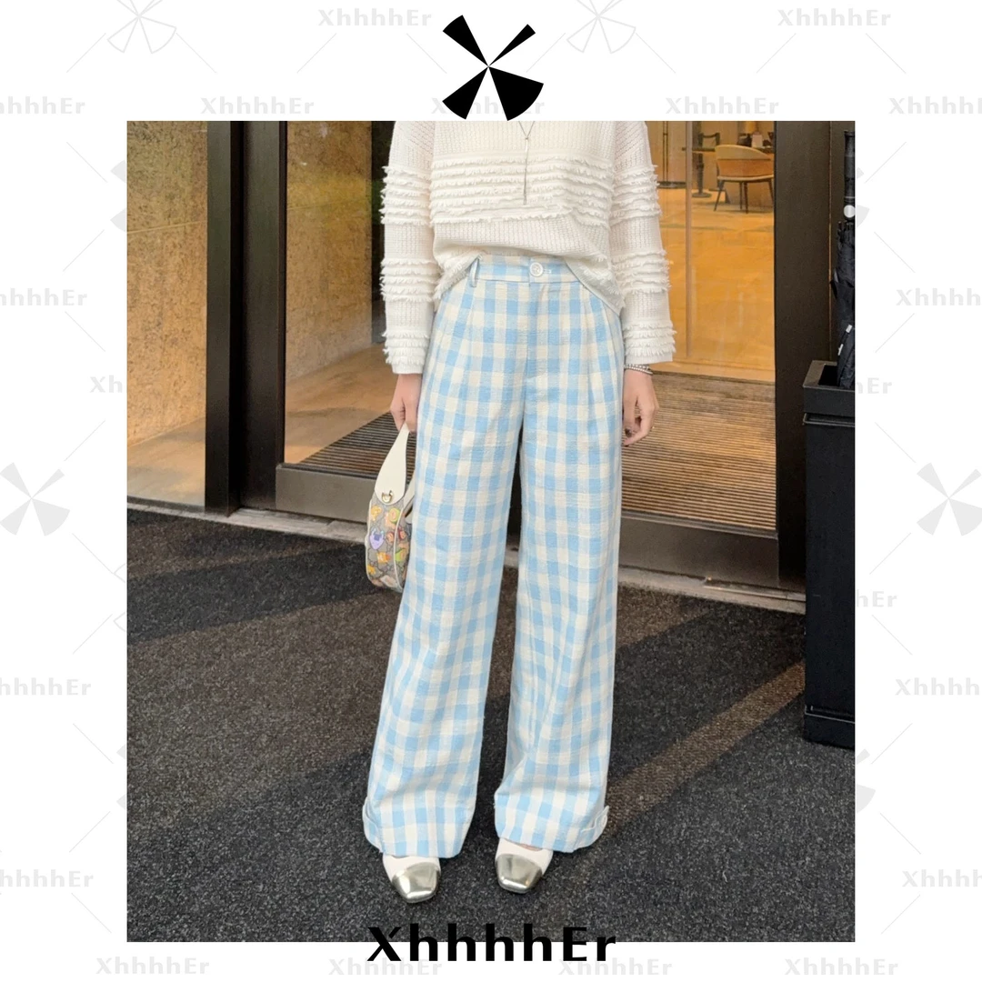 辛儿/小个子 惊艳的蓝格子！【莫奈天空】后松紧腰窄版阔腿裤XK1975
