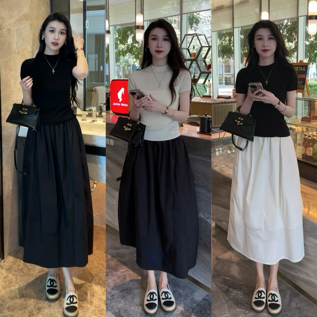 春夏穿搭一整套女2025新款半高领短袖t恤配黑色中长款半身裙套装