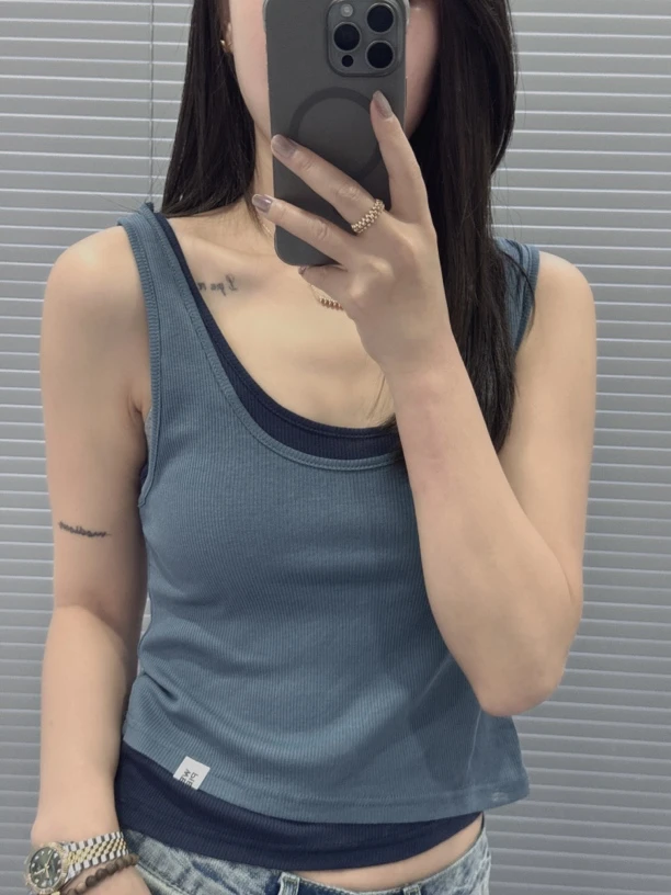 假两件螺纹背心蓝色