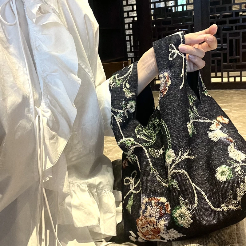 新中式刺绣亮片手提包女2025秋季新款牛仔手拎包复古百搭手腕包包