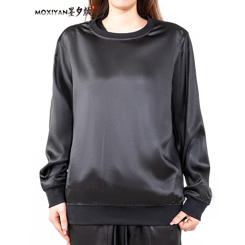 【墨夕颜】2025新款桑蚕丝国风 黑色油光缎基础款卫衣-MH-637