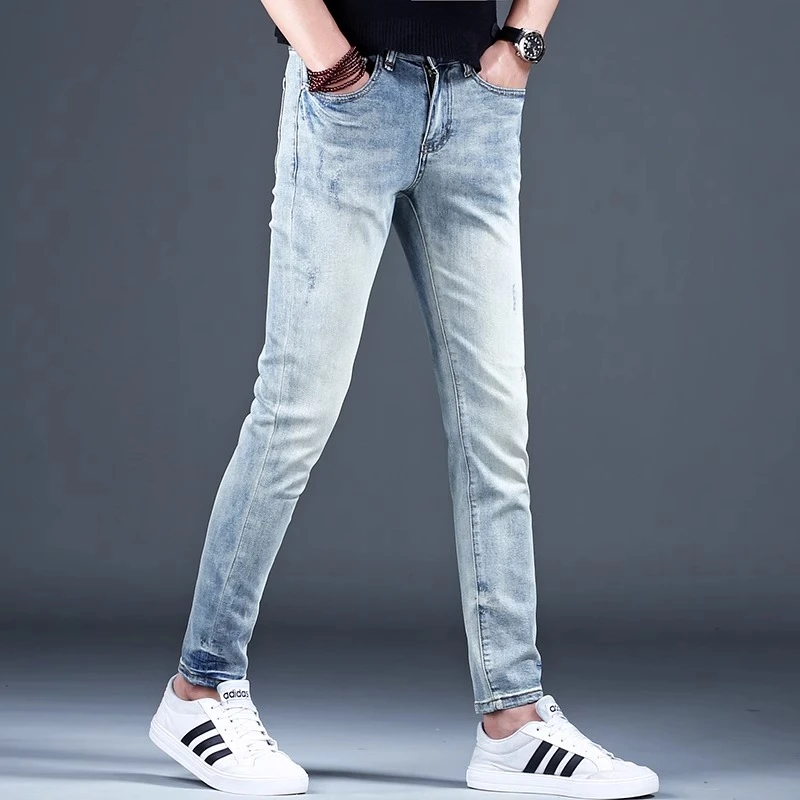 【MR.25】202蓝色休闲新款牛仔裤百搭男款修身小脚长裤浅色男士裤子