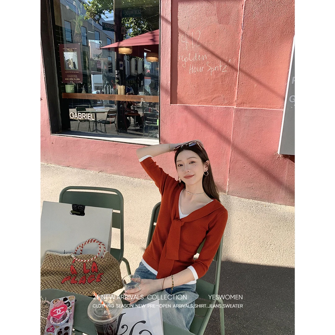 YESWOMEN玛德琳千层·撞色假两件披肩上衣 细支7分袖XY7051B3437