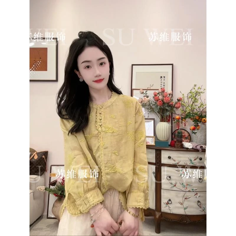 【维揽】956中式立领刺绣苎麻衬衫女新款时尚百搭蕾丝花边衬衣