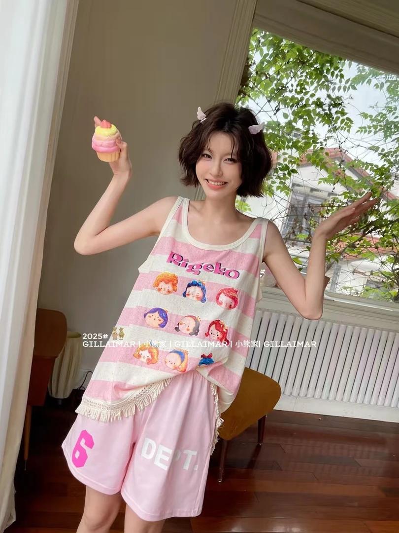 小熊家小众卡通印花丝光棉女夏季宽松无袖吊带背心套装7650