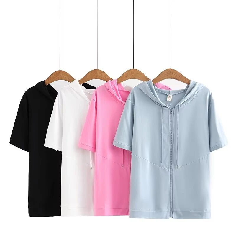 XK2301纯色连帽短袖T恤大码女装胖mm拉链开衫休闲上衣外穿百搭夏