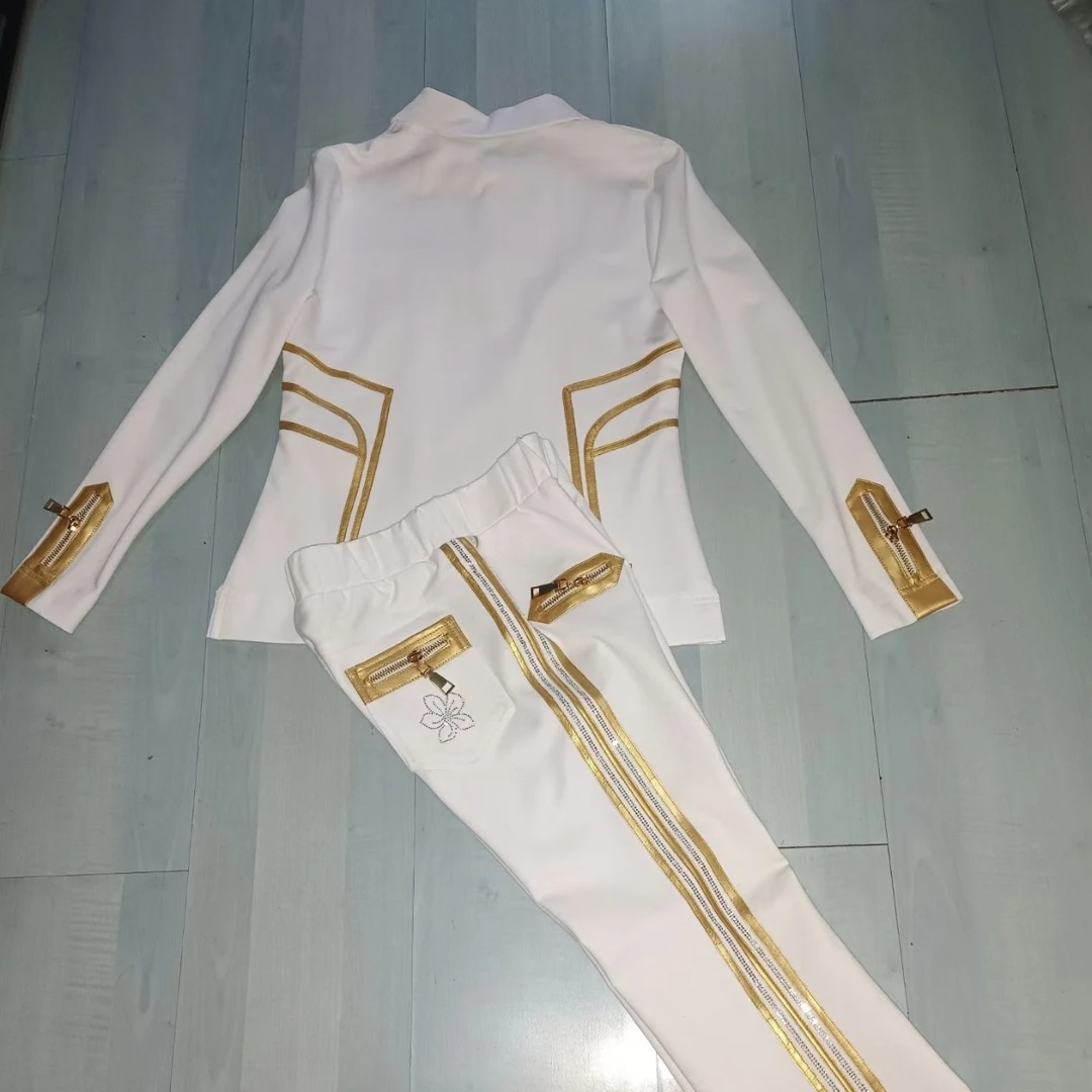 黄色皮边罗马棉长袖佳木斯健身操保暖套装春秋冬季适用