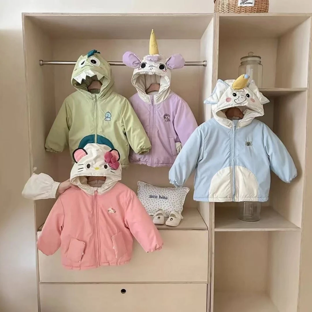 儿童秋冬季节连帽休闲拼色棉服男女童宝宝冬季加厚棉袄卡通外套