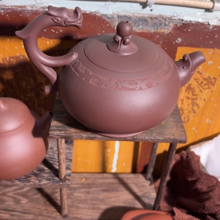 紫砂茶壶紫泥龙把手壶300cc