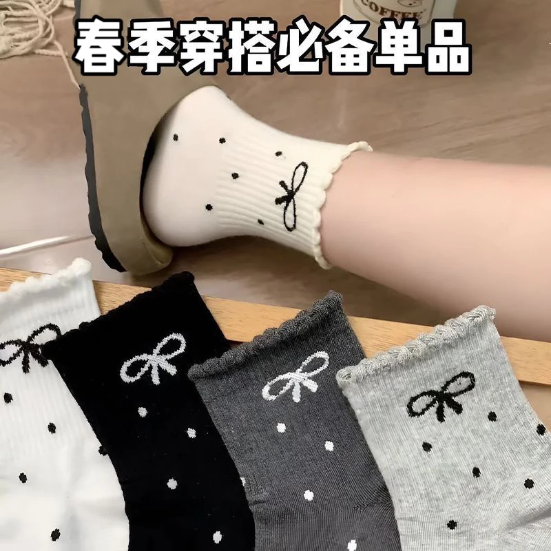 波点花边蝴蝶结袜子女春夏款新款堆堆袜韩版ins潮女生百搭短筒袜
