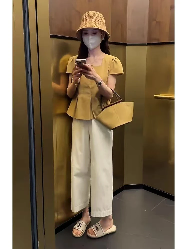 ZT2501夏季减龄时尚休闲黄色上衣白色阔腿裤套装