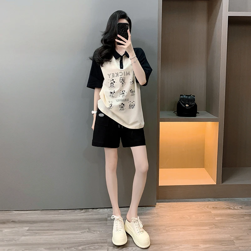 2025夏季新品潮妈运动短袖T恤短裤女卡通时尚套装两件套韩版显瘦