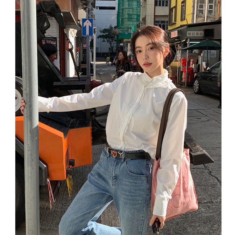 左边女装娃娃立领宽松上衣2025春季新款荷叶边长袖休闲衬衫