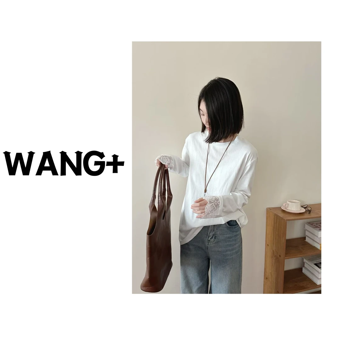 WANG+/新款气质欧货长绒棉袖口拼蕾丝T恤