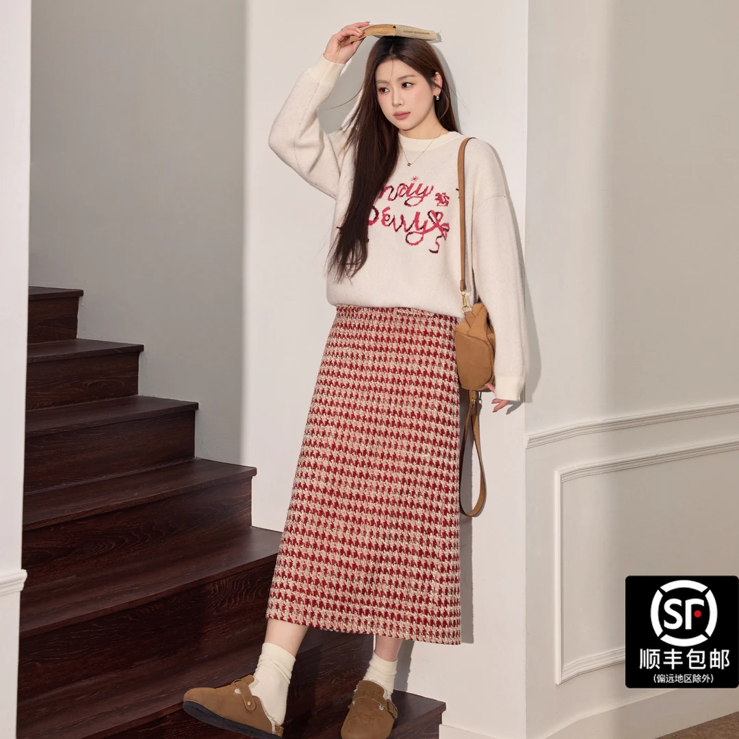蓝语大码圣诞穿搭撞色字母毛衣千鸟格半身长裙韩系搭配一整套冬装