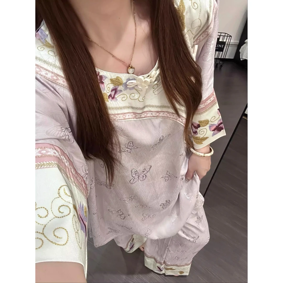 新中式国风提花睡衣女夏季新款大码长裤宽松休闲家居服套装可外穿