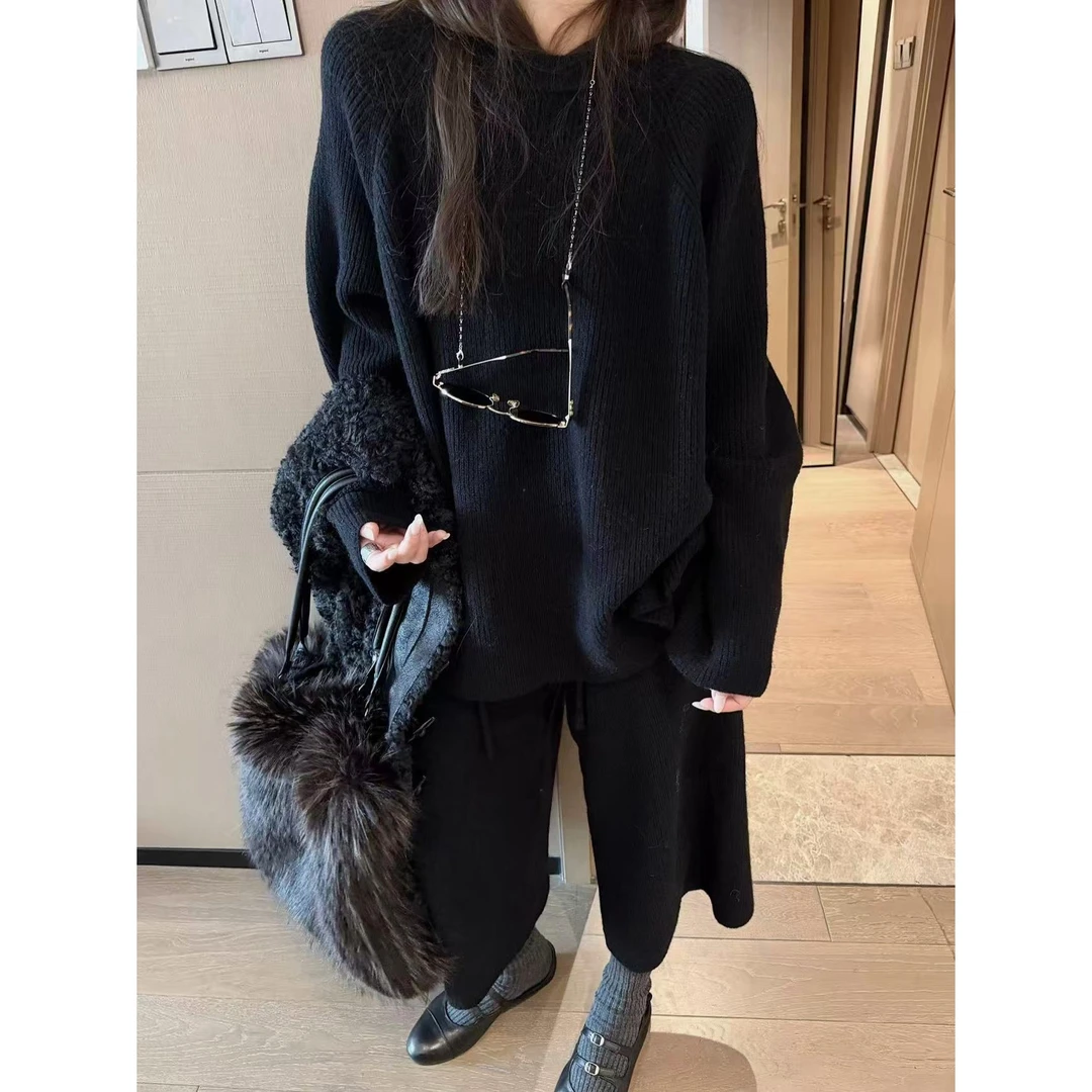 SP【在港老钱】毛衣针织七分裤套装女秋冬宽松百搭懒人两件套套装