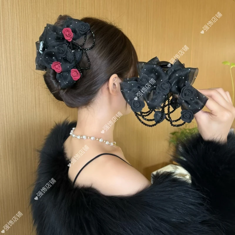 茵语发饰新款玫瑰鲨鱼夹花朵流苏洋气减龄复古秋冬后脑勺抓夹