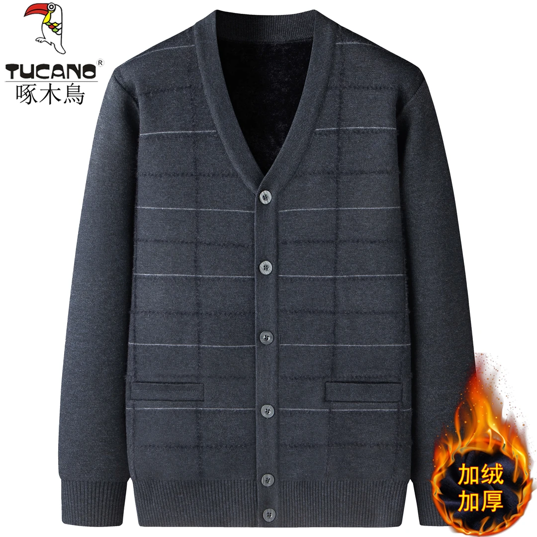 啄木鸟男装中老年人冬季开衫毛衣男爸爸装加绒保暖针织衫爷爷外套