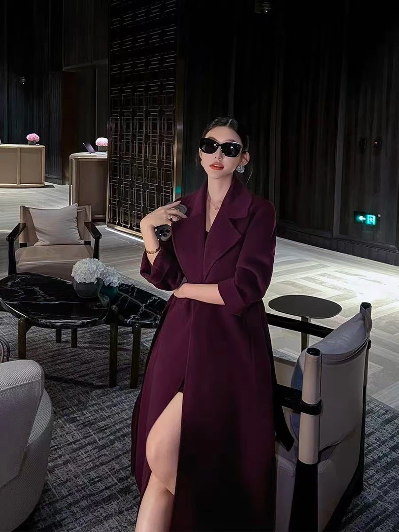 云紫色山羊绒浴袍款阔版大衣