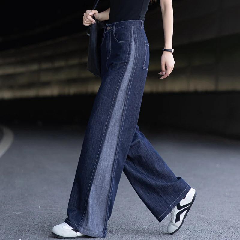 丹宁蓝牛仔裤女2025裤子网红款夏季薄款撞色拼接裤子直筒阔腿裤女