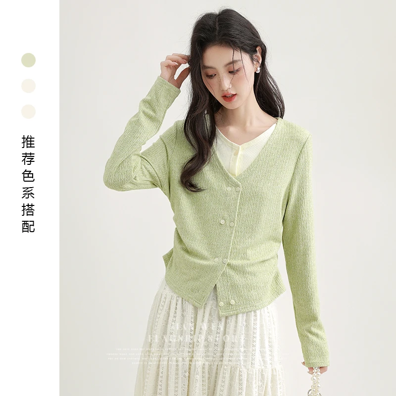 2025春秋新款v领假两件长袖针织开衫女宽松小众上衣修身毛衣外套