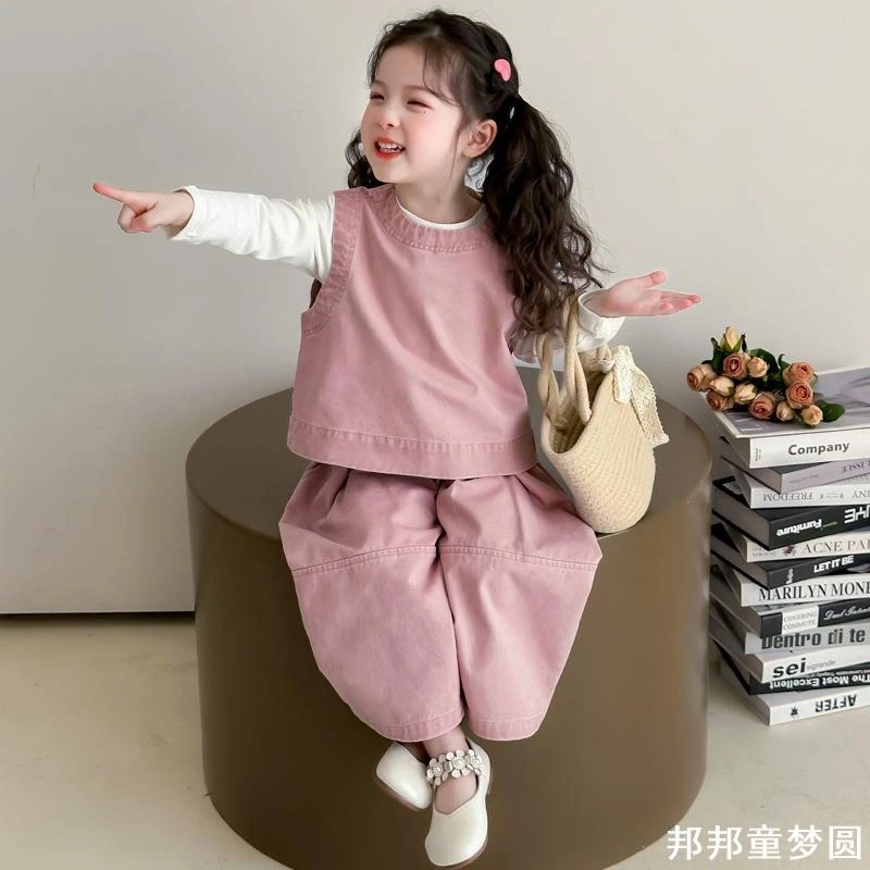 女童木耳边套装洋气春季2025新款韩版时髦三件套童装