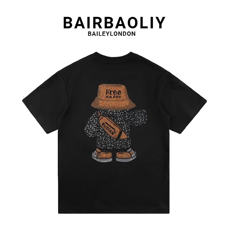 BAIRBAOLIY潮牌高奢卡通小熊烫钻短袖ins春夏新款2025高街休闲T恤