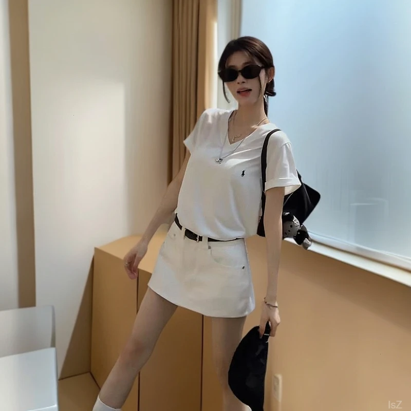 现货小马标印花2025夏季新款白色V领正肩短袖纯棉修身上衣女t恤